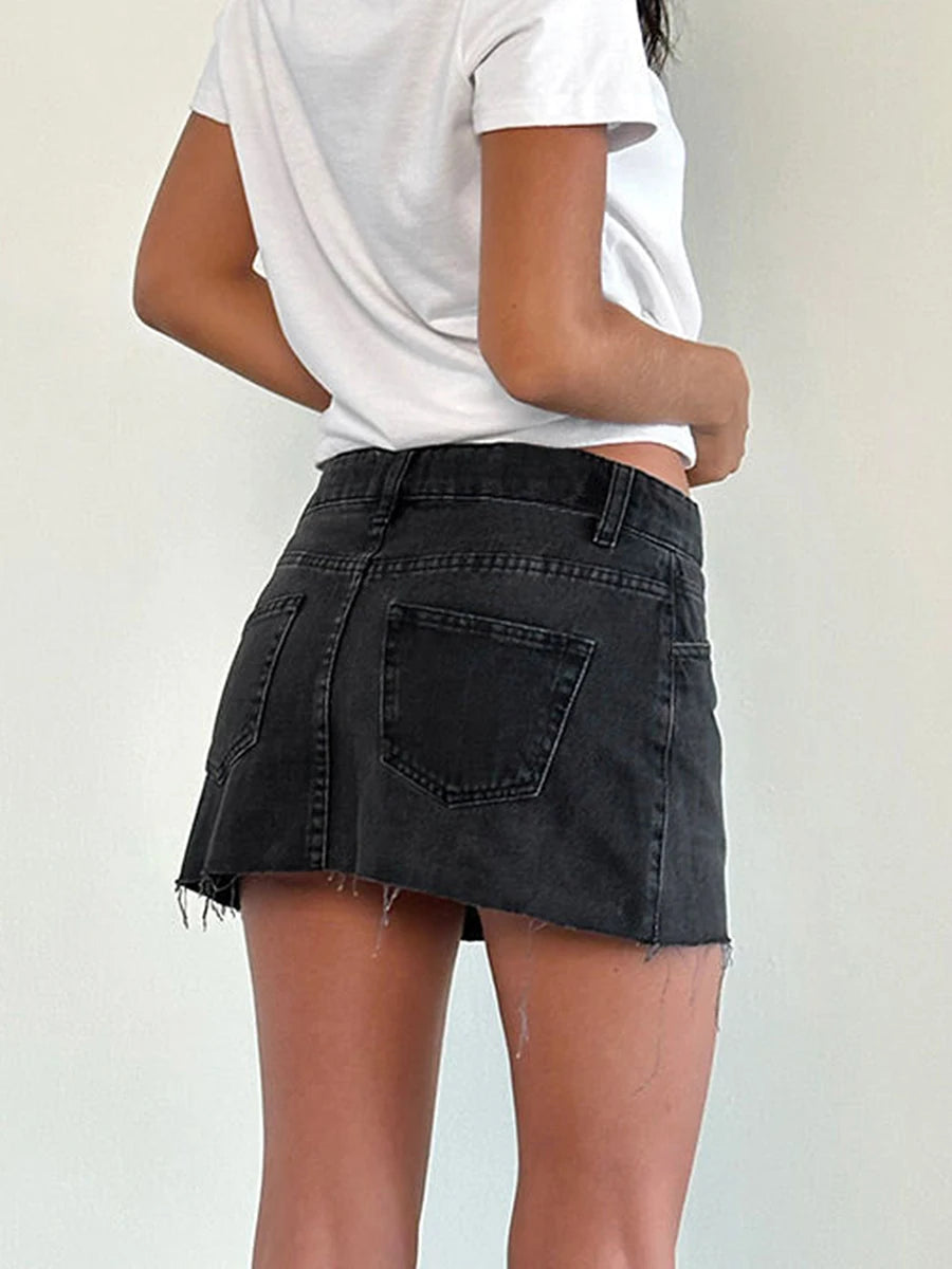 New Womens Denim Mini Skirts Low Waist Raw Hem Casual Fashion Jean Skirts For Summer Club Street Style S-2XL