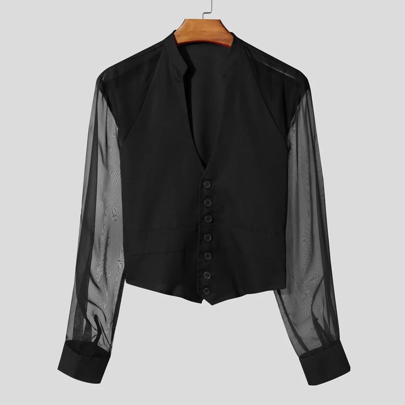 Men Shirt Mesh Patchwork V Neck Long Sleeve Casual Male Shirts Streetwear Transparent Sexy Fashion Party Camisas 2025 INCERUN