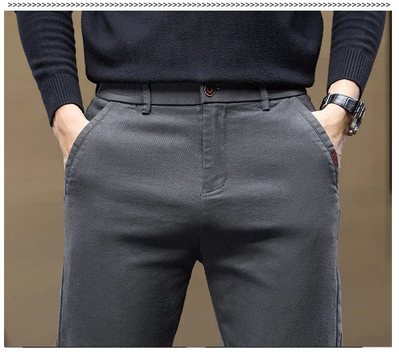 Korean Fashion Fleece Men's Casual Pants Slim Straight Youth Warm Trousers Thickened Thermal Stretch Male Clothes Trendy Brand