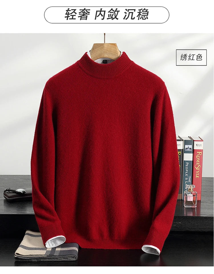 Autumn/Winter Men's 100% Cashmere Pullover Business Casual Solid Knitted Sweater Loose Half High Neck Tops Thick Warm Jumper