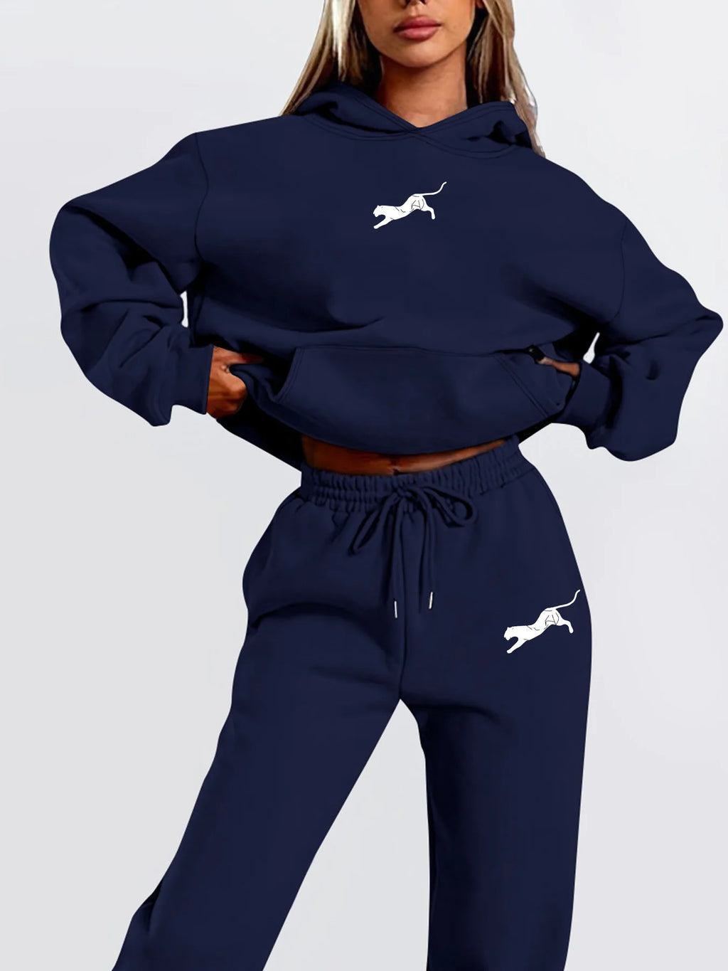 Women Two Piece Outfit, Animal Graphic Cropped Hooded Sweatshirt+Drawstring Jogger Pants,Casual Loose Streetwear SportsTracksuit