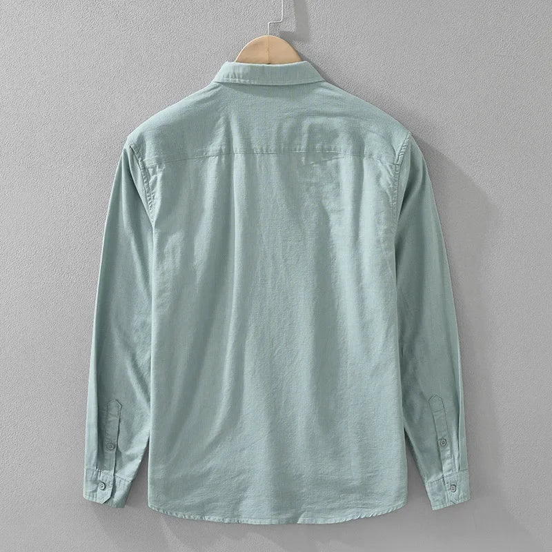 7369 Cotton Linen White Shirt for Men Good Quality Solid Color Simple Basic Long Sleeve Loose Casual Lapel Blouse Breathable Top