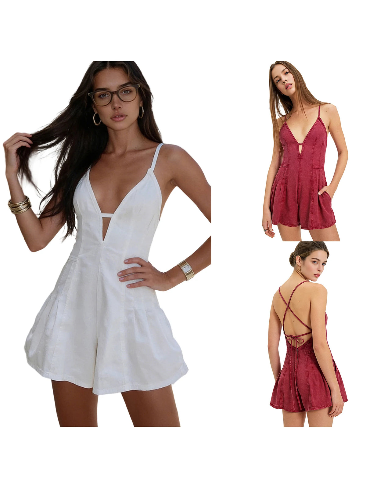 Women's Summer Y2K Retro V-Neck Denim Shorts Jumpsuits Cross Bow Tied Zip-up Backless Loose Wide Leg Flare Playsuit Cute Rompers