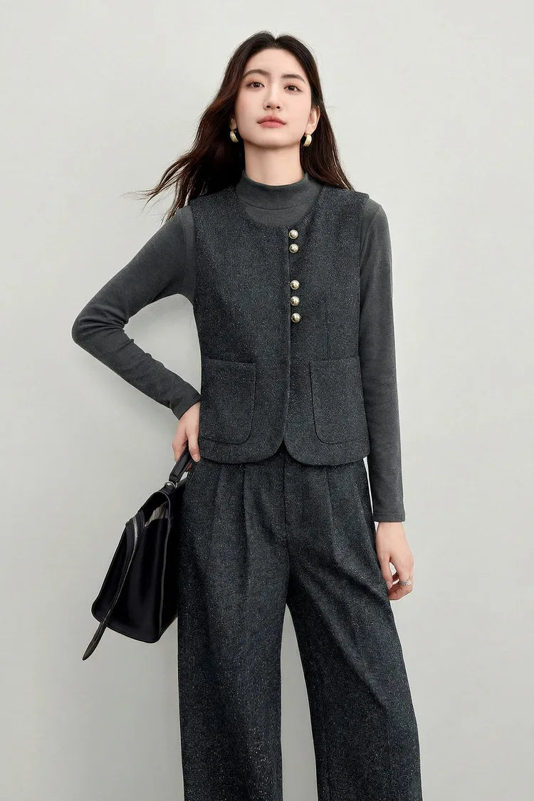 SENTUBILA Women's 2 Piece Pants Set 2026 New O Neck Waistcoat Straight Pant Winter Office Lady Wool Blend Female Suit 154ZA6093