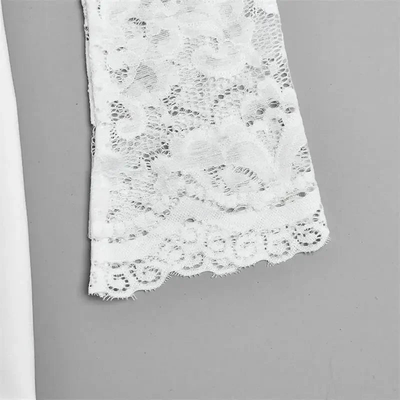 Women Elegant Lace Patchwork Sexy Mini Dress Fashion High Neck Long Flare Sleeve Backless Bodycon Club Party Dresses