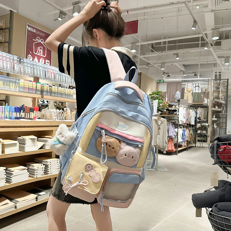 Women's Pastel Color Block Backpack Clear Display Pockets Plush Charm Bow Detail Adjustable Strap Casual Daily Itabag School Bag