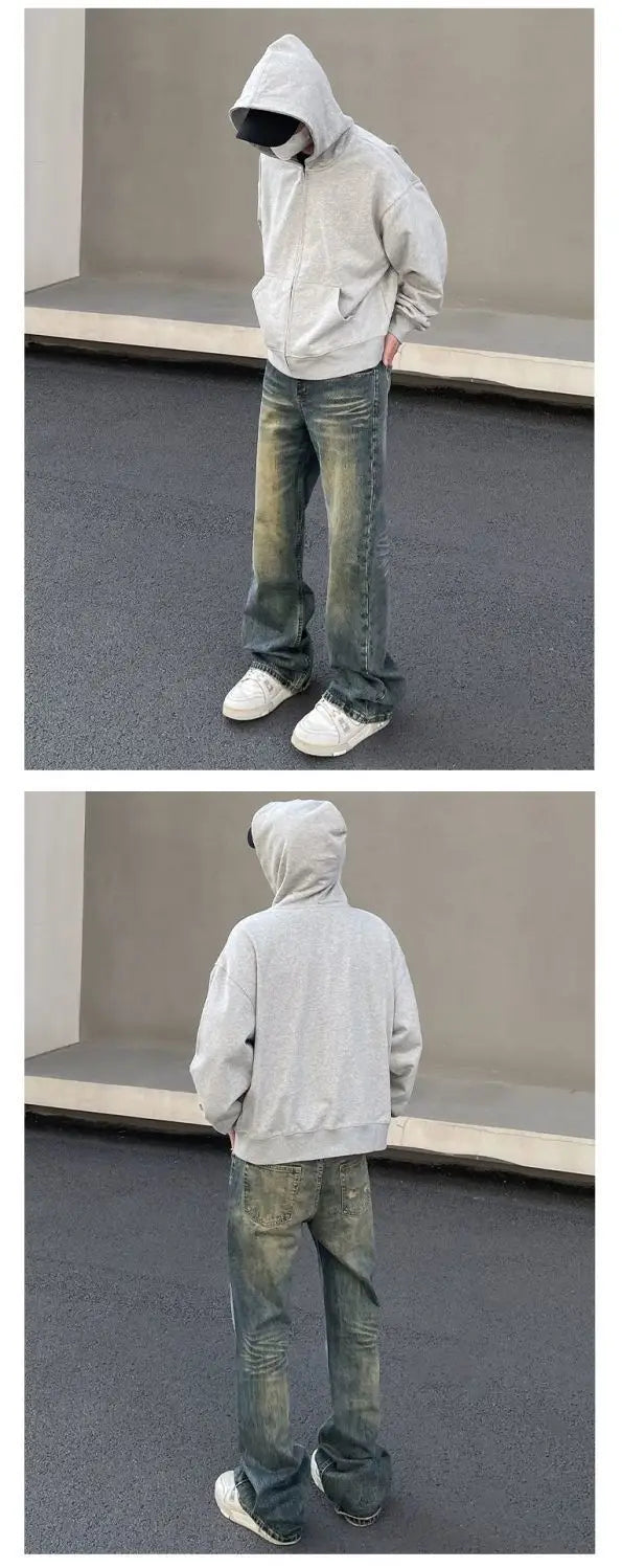 Mens Vintage Washed Distressed Loose Flare Denim Jeans