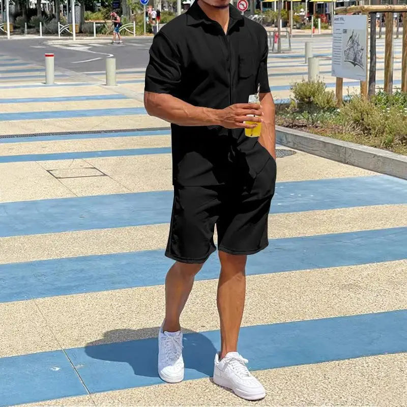 2026 Men's Summer Solid Casual Sets Comfy Cotton Linen Short Sleeve Lapel Shirt and Shorts Two Piece Sets Men Loose Sport Outfit