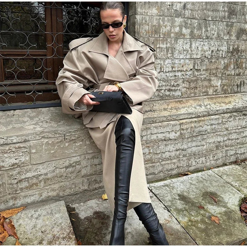 Khaki Lace Up Cape Trench Coat Loose Solid Full Sleeve Lapel Windbreaker 2026 Autumn New Fashion Commute Casual Daily Coats