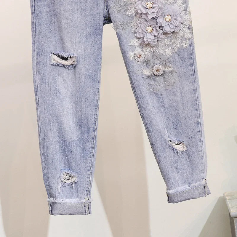 Two-Piece Suit 2025 Summer New Women Denim Pants Beading Embroidery Tshirt Tops+ High Waist Hole Jeans Female Casual Outfits