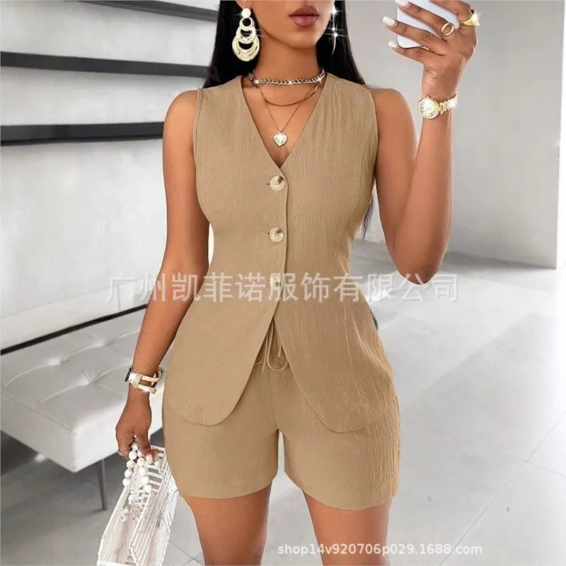 Women Fashion Casual Shorts Set Summer Vest Top Button Solid 2 Pieces Set Lace-up Pant Suits Womens Clothing Office Holiday 2025