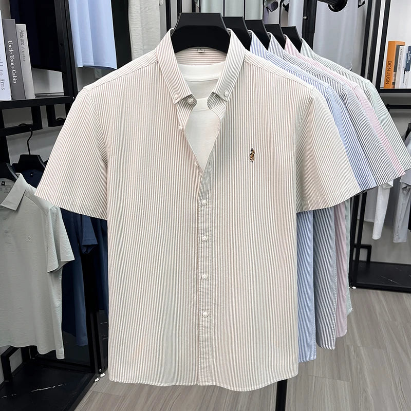 100% Pure Cotton Short Sleeved Shirt 2026 Summer New Men's Button Up Lapel Fine Stripe Middle-aged and Young Half Sleeved Shirt