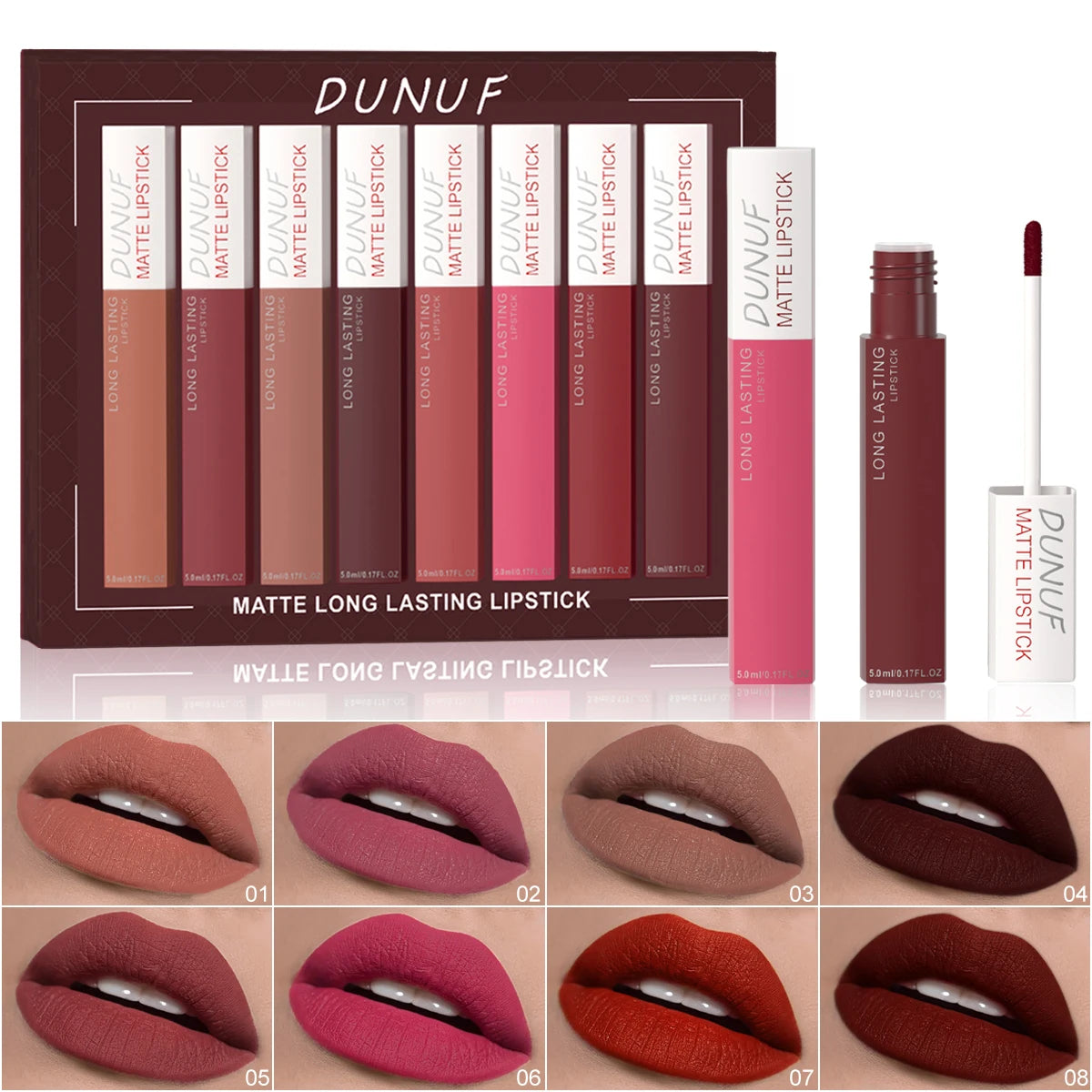 8Pcs/Set Matte Velvet Lip Gloss Long Lasting Nude Shades Non Fading Waterproof Sweatproof Lightweight Comfortable