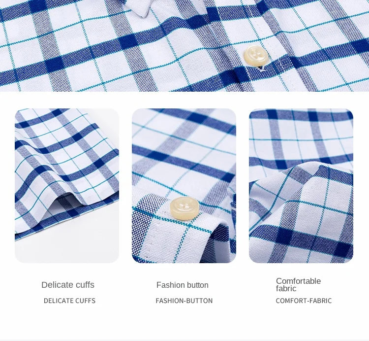 2025 100% Pure Cotton Men's Oxford Short Sleeve Square Collar Soild Plaid Striped Summer Casual Shirts Single Pocket  Shirt