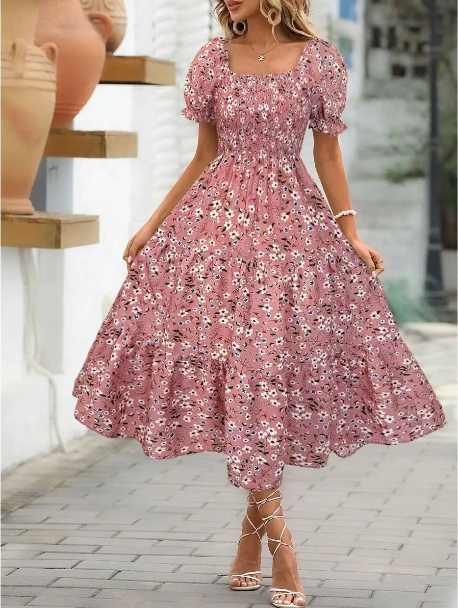 Spring and Autumn Women's Square Neck Short Sleeve Long Skirt Fresh Printed Casual Fashion Slight Backless Temperament Dress