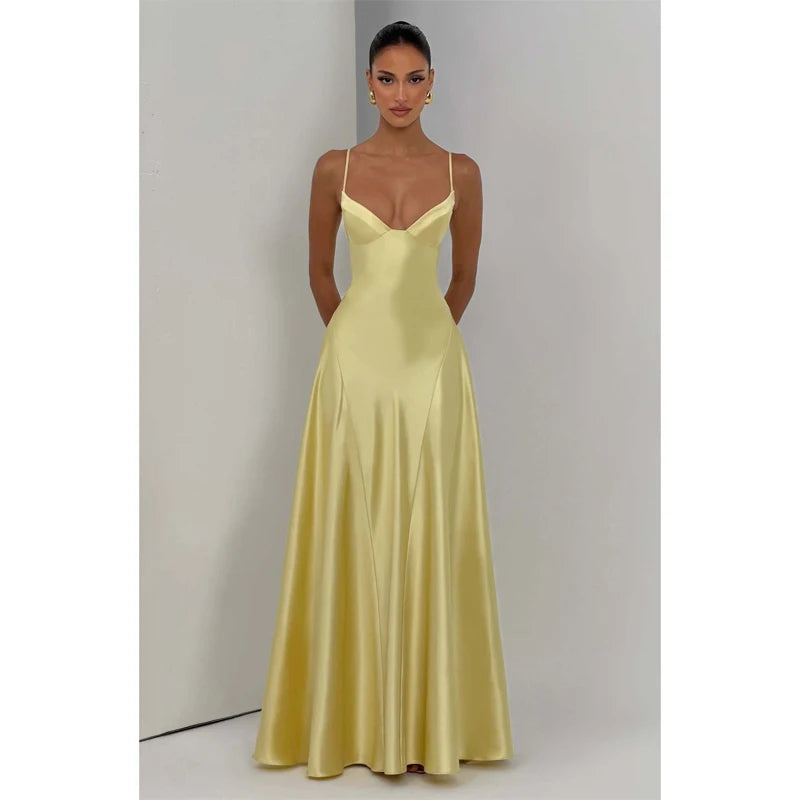 Women Yellow Low Cut Backless High Waisted Dress Lace Up Sleeveless Waist Cincher Spaghetti Strap Vestidos Party Club Women Robe