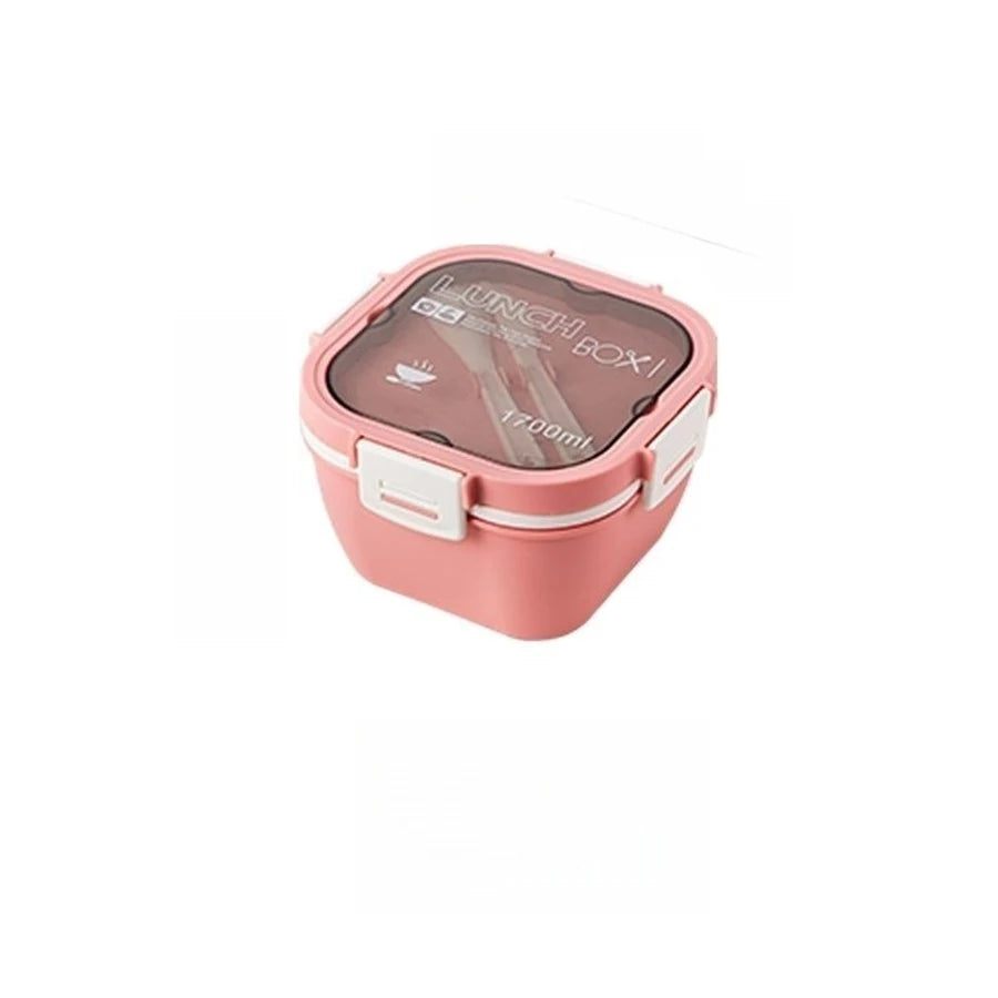 Double Stackable Lunch Box, 50 oz. Large Salad Bowl, 4 Compartment Tray, 3 oz. Sauce Container, Built-In Reusable Fork & Spoon