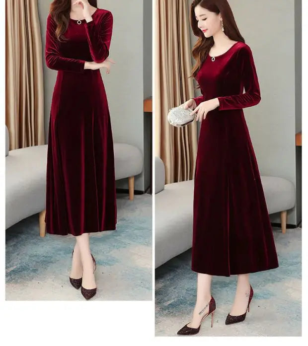 Elegant Long Velvet Dress Women's Autumn Winter New Style Knee-Length A-Line Skirt Polyester Fabric Regular Sleeve round Neck