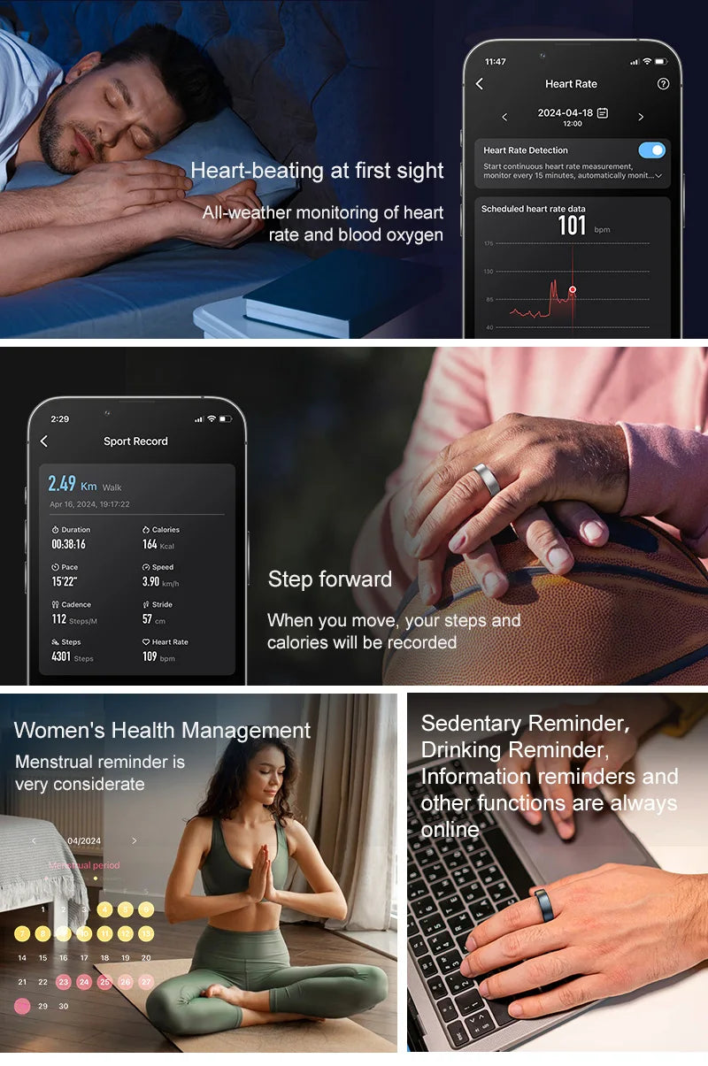 2026 New Smart Ring Men Women, Heart Rate Blood Oxygen and Sleep Monitor Smartring IP68 & 5ATM Waterproof, Multi-sport Mode Ring