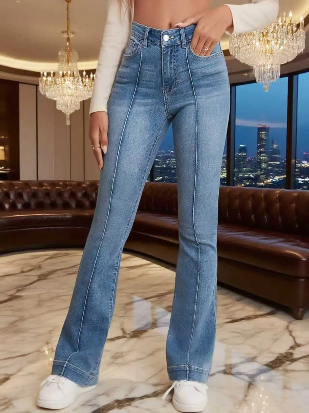 Gray Stretch Womens Flared Jeans Seam Detail Simple Design Versatile Slimming Bootcut Trousers Women's Pants Pants Jeans