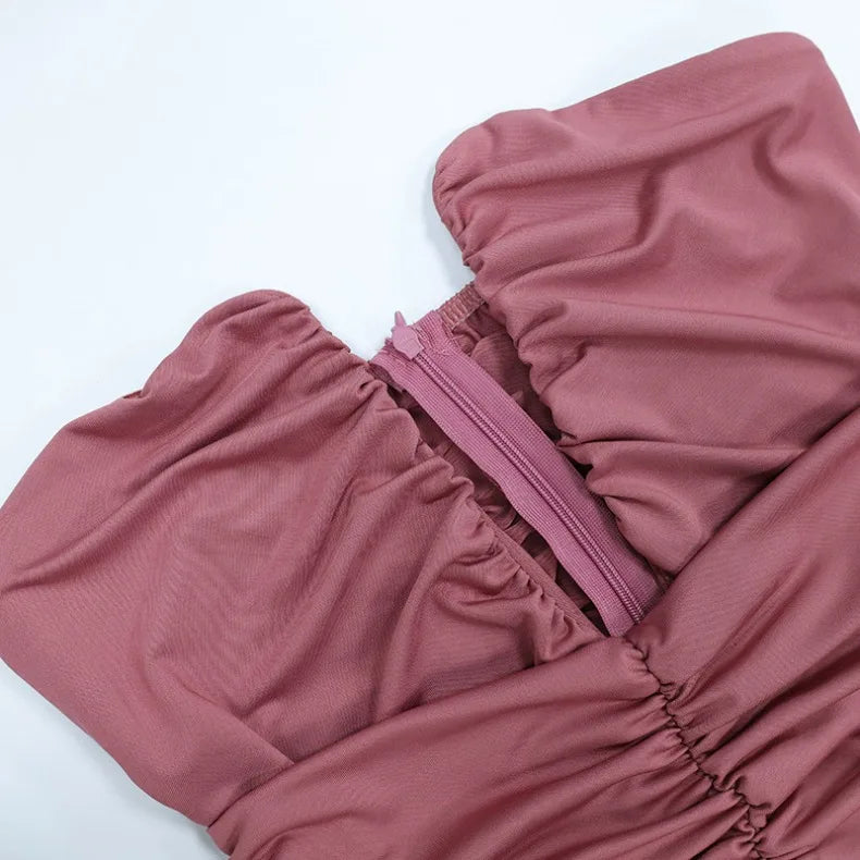 Solid Color Sexy Strapless High Slit Pleated Slim Fit Dress for Birthday Party Dinner Party Graduation Party Dress