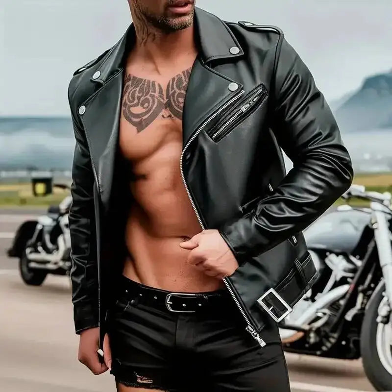 Street Style Men's Biker PU Leather Jacket Zipper Closure Slim Fit Handsome Motorcycle Function Outerwear Summer Season