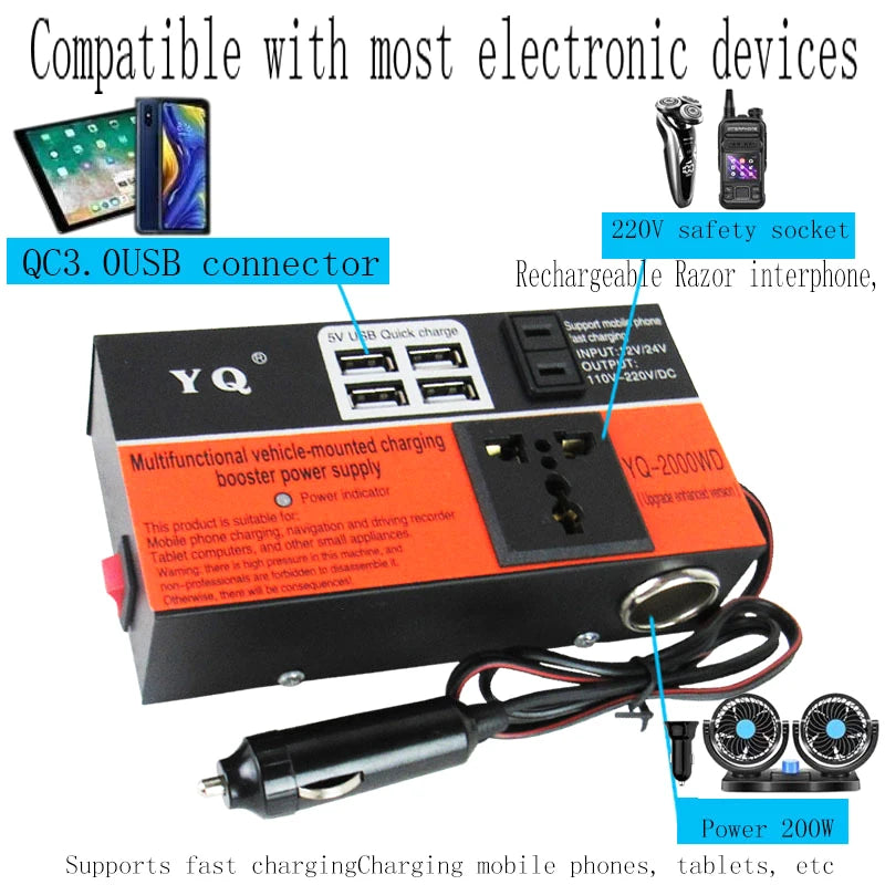 New Car Inverter Car Power Inverter 2000W  DC 12V/24V To DC 110V/220V Converter Trip 4 USB Overload Protection
