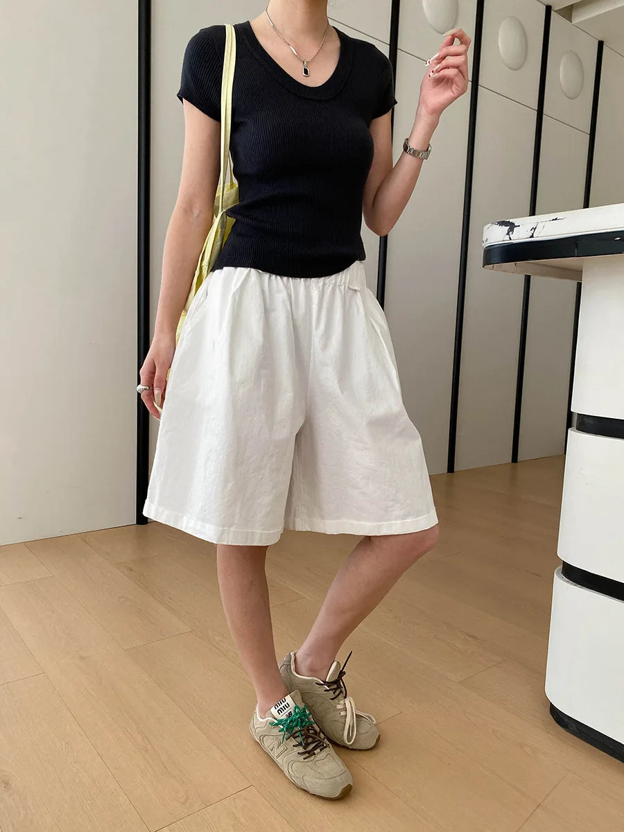 Summer women's relaxed loose wide leg A-line casual shorts versatile
