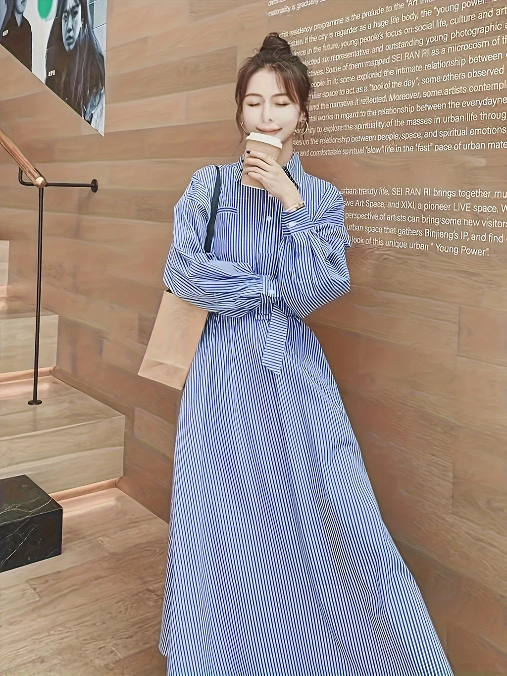 2025 New! Women's Blue - White Stripe Shirt Dress, Ideal for Spring & Fall. Slimming with Cinched Waist, High - end Long Dress