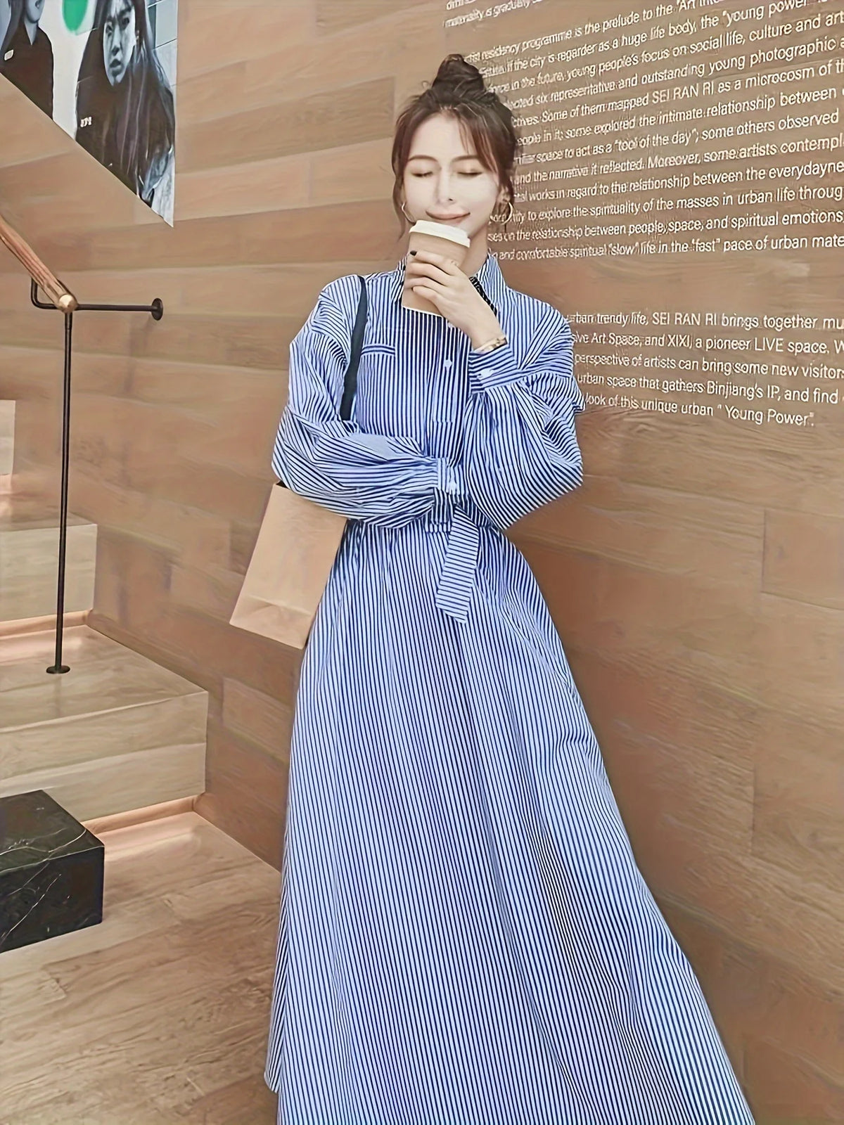 2025 New! Women's Blue - White Stripe Shirt Dress, Ideal for Spring & Fall. Slimming with Cinched Waist, High - end Long Dress