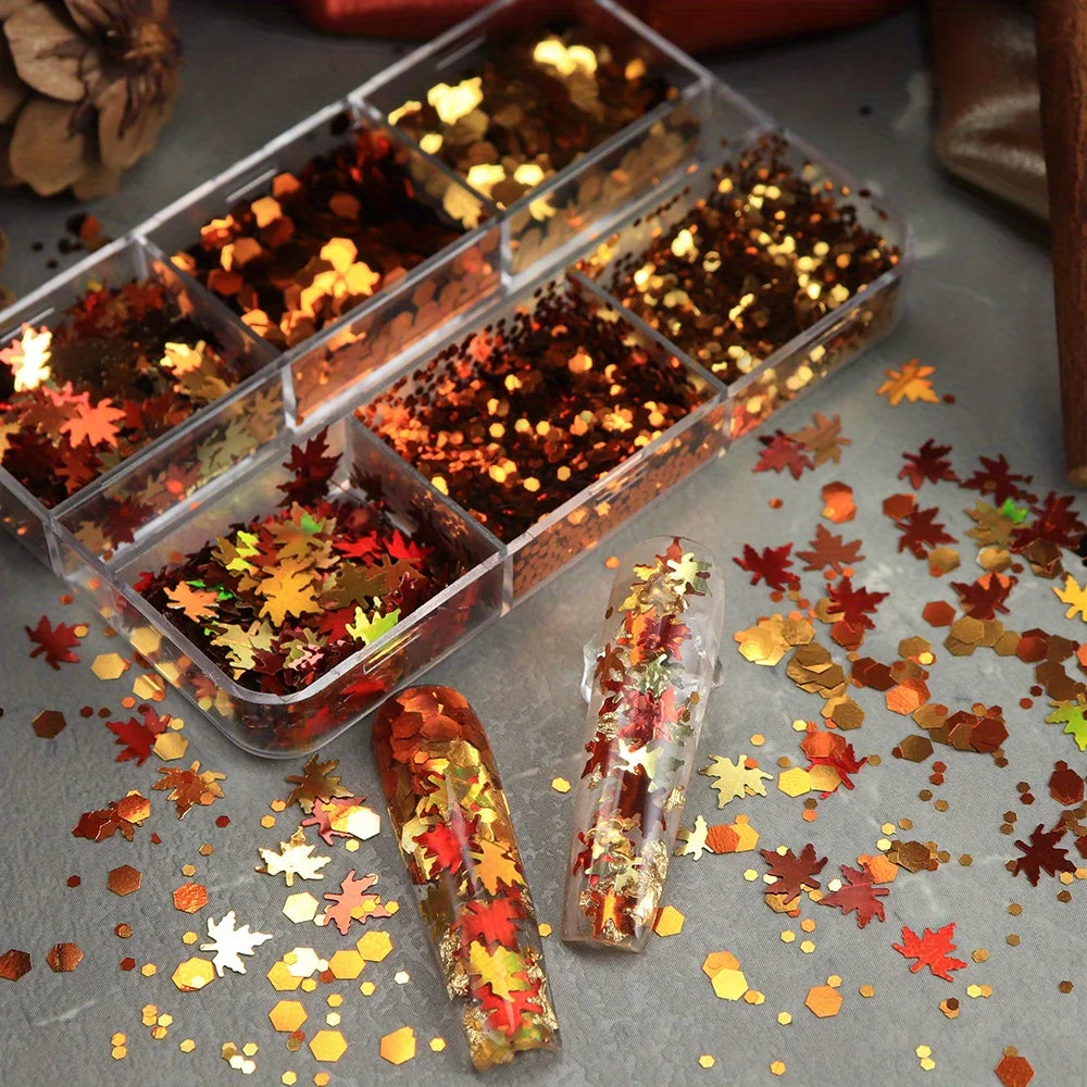 6 Grids Autumn Nail Glitter Flakes Golden Red Orange Leaf Sequins for Nail Art DIY Decorations Fall Acrylic Tips Decals Supplies