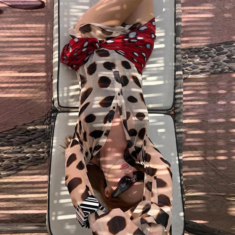 Sexy Printed Shirt-style Women's Dress Full Sleeve Turn-down Collar Button Detachable Scarf Dresses 2026 Summer Chic Female Robe