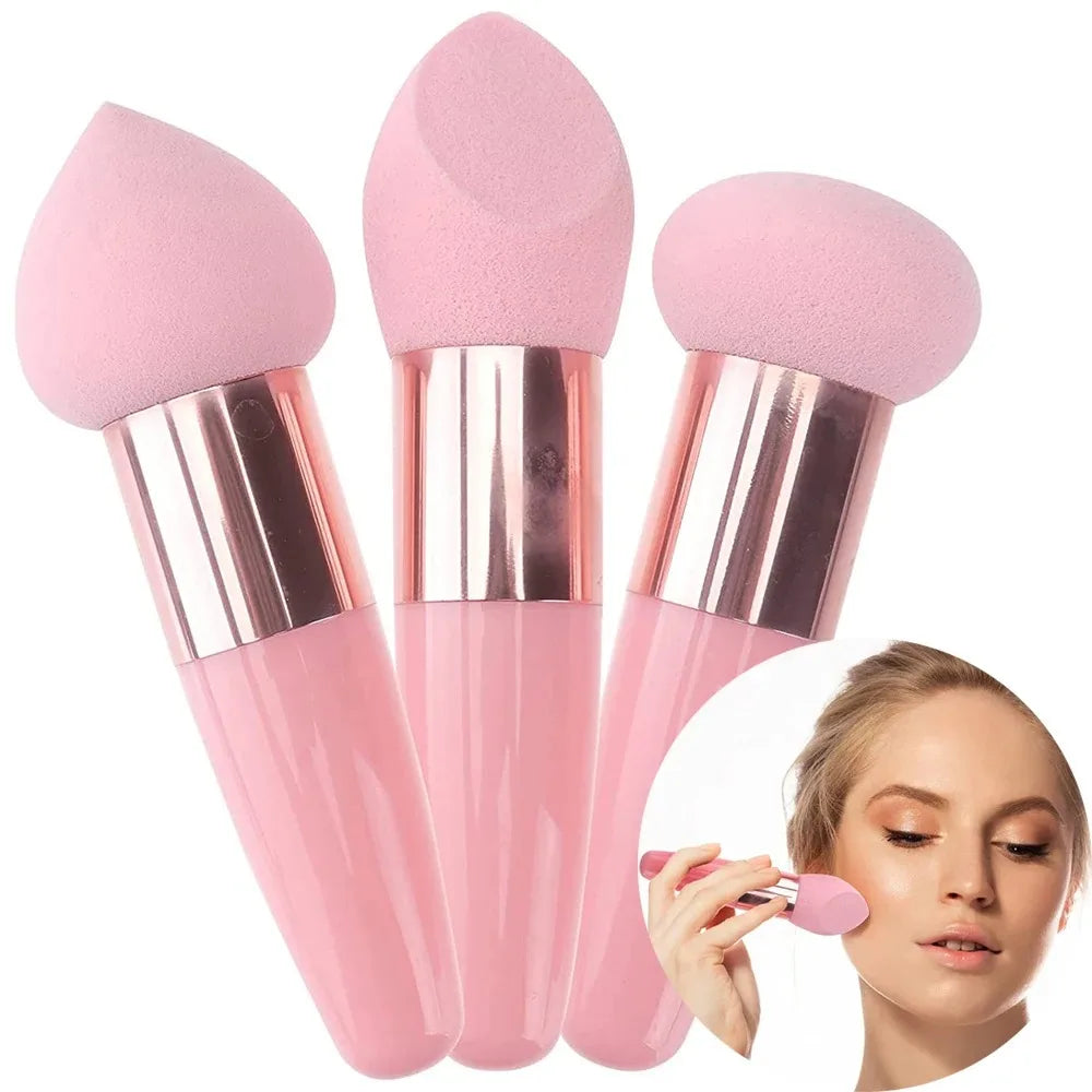 3-Piece Makeup Sponge Set with Handles - 3 Unique Shapes  with Plastic Handles for Flawless Foundation, Blending, and Detailing,