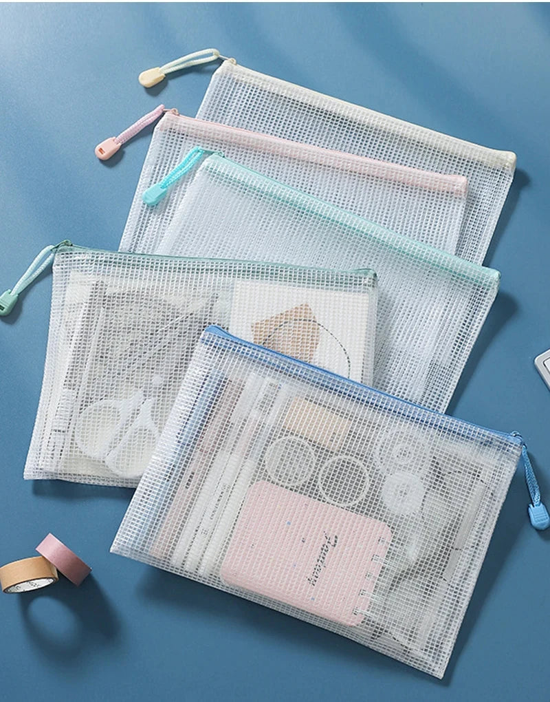 10Pcs Mesh Zipper Pouch Document Bag Waterproof Zip File Folders A4 A5 Size Office School Supplies Storage