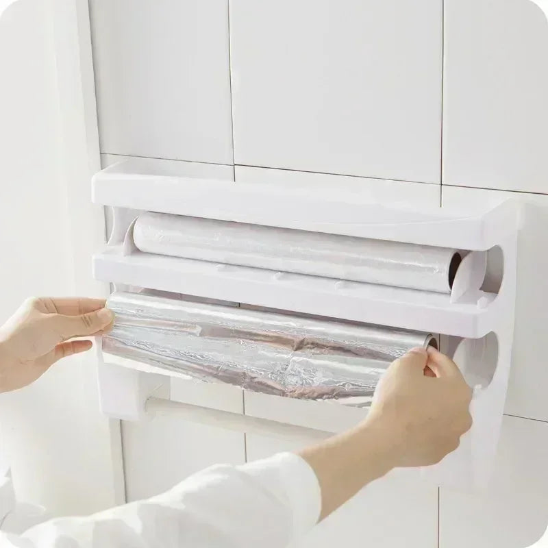 Kitchen Cling Film Tissue Holder Sliding Knife Cutter Aluminum Foil Barbecue Paper Cutting Box Household Towel Storage Racks