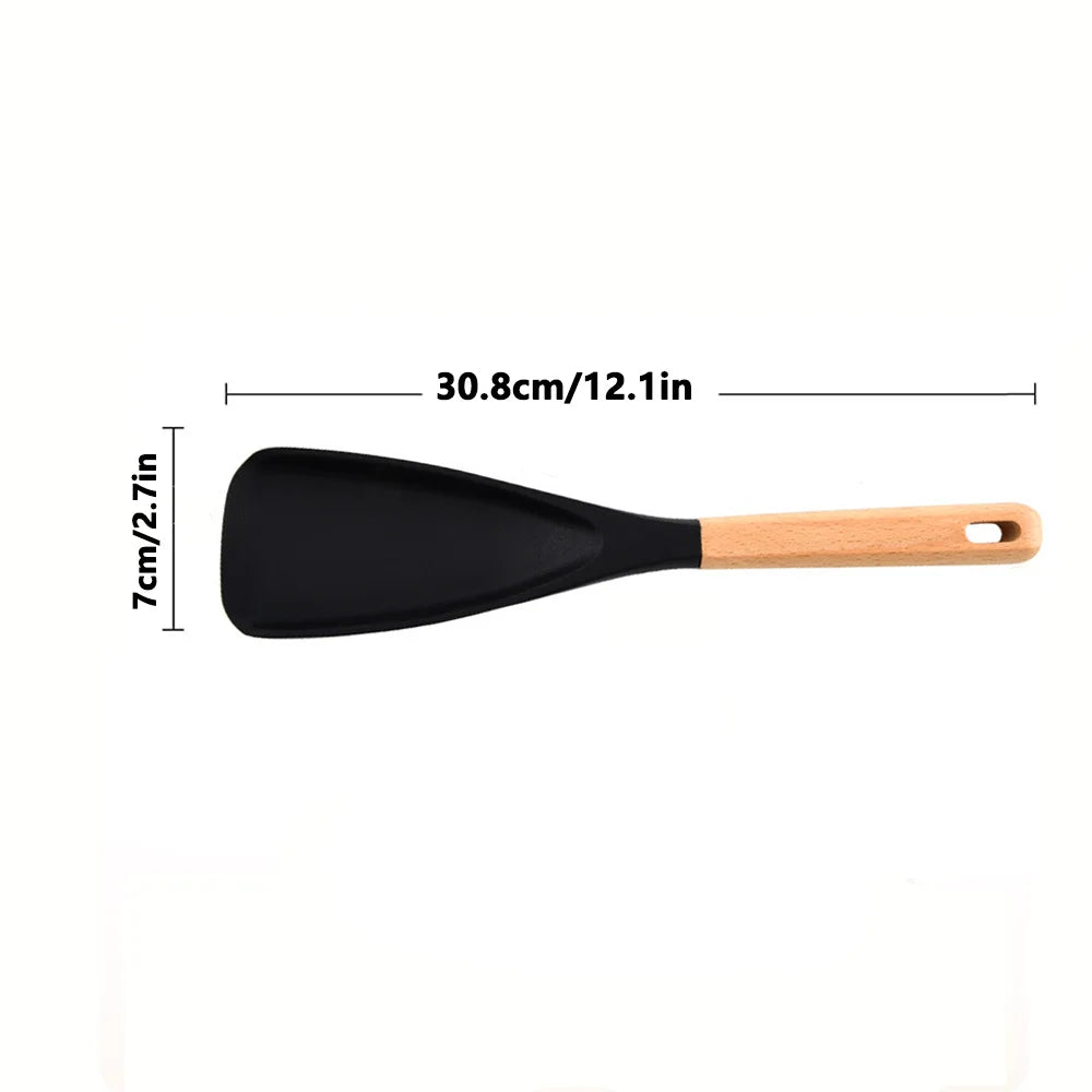 Multifunction Silicone Cooking Spoon Spatula for Nonstick Cookware, Heat Resistant Kitchen Gadgets Utensil with Wooden Handle