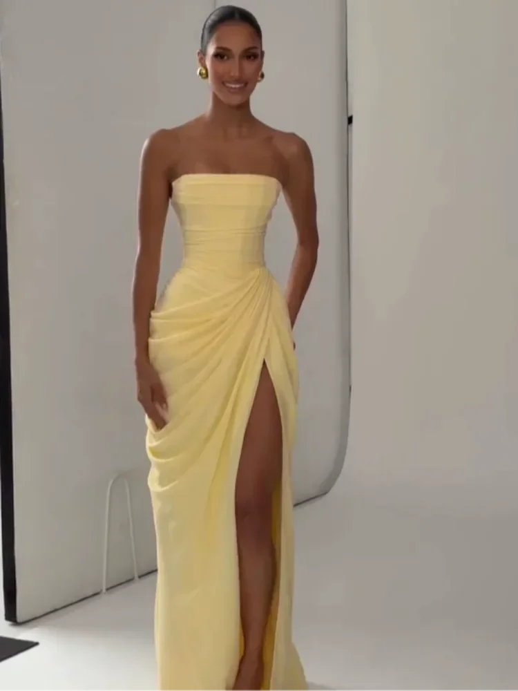 Sexy Women Solid Pleated Strapless Chic Dress Lady V-neck Off-shoulder Backless High Waist Split Vestido 2026 Evening Party Gown