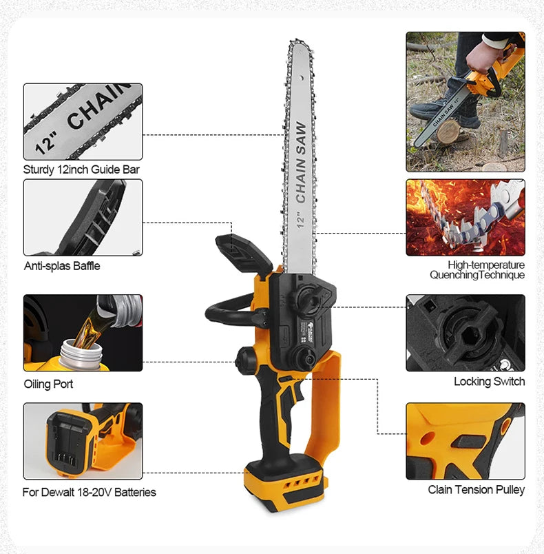 12-inch Two-hand Brushless Electric Chain Saw Automatic Lubrication System Portable Garden Logging Tool For Dewalt 20v Battery
