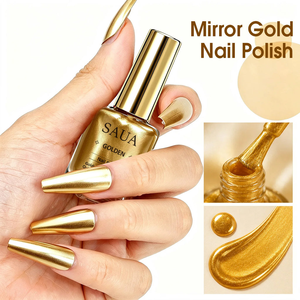 10ml Gold Metallic Nail Polish – Quick-Drying, No Lamp Required; Delivers a Long-Lasting, Natural Mirror-Like Metallic Finish.