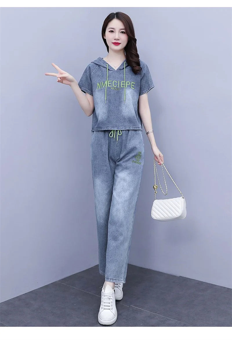 Summer Thin Jeans Set Women Fashion Short Sleeve Hooded Pullover Tops + Elastic Waist Wide Leg Pants 2PCS Female Denim Outfit