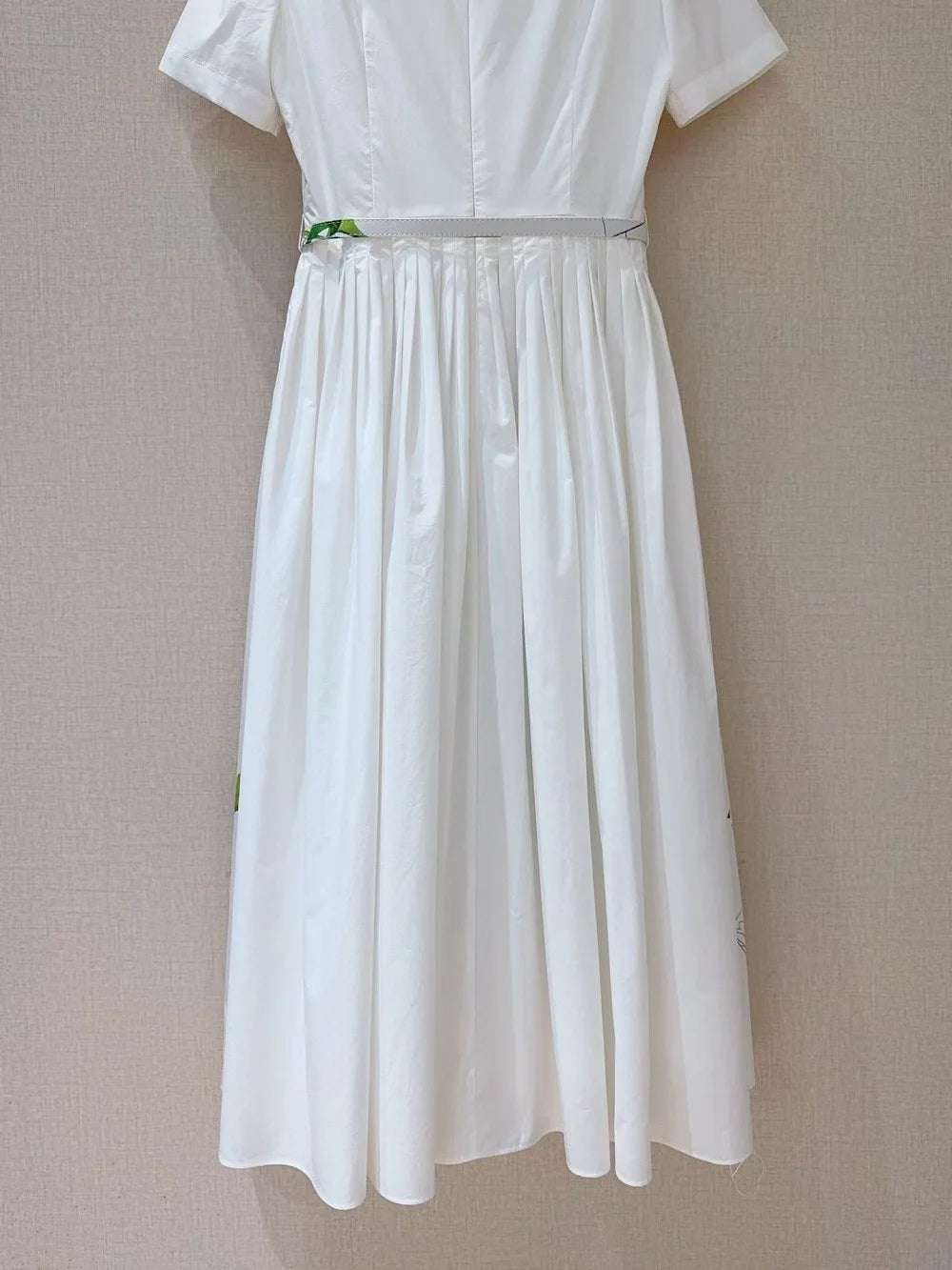 Top Quality New 2026 Spring Summer Dress Women Green Leaves Floral Print Pocket Patchwork Short Sleeve Mid-Calf White Dress