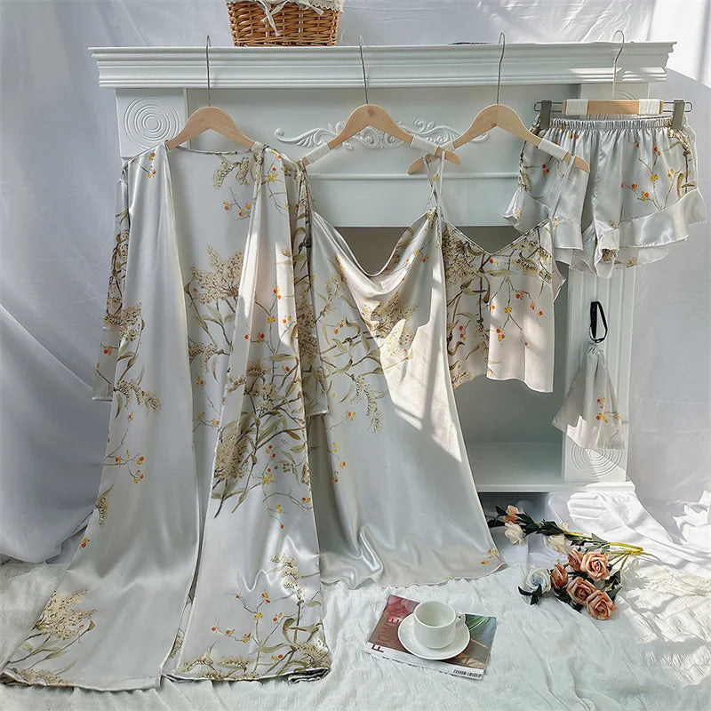 Elegant Print Flower Pajamas 5 Piece Set Women Casual Kimono Bathrobe Gown Sexy Silky Rayon Nightgown Loose Home Clothes