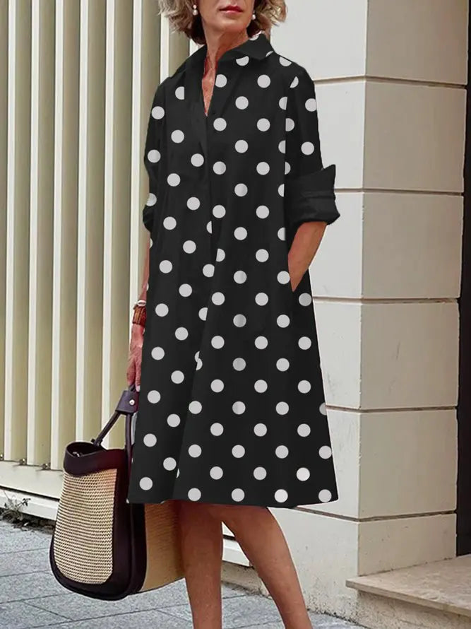 Uoozee Women's Fashion Polka Dot Lapel Shirt Dress 2026 New Spring Long Sleeves Loose Elegant Urban Casual Office Midi Dresses