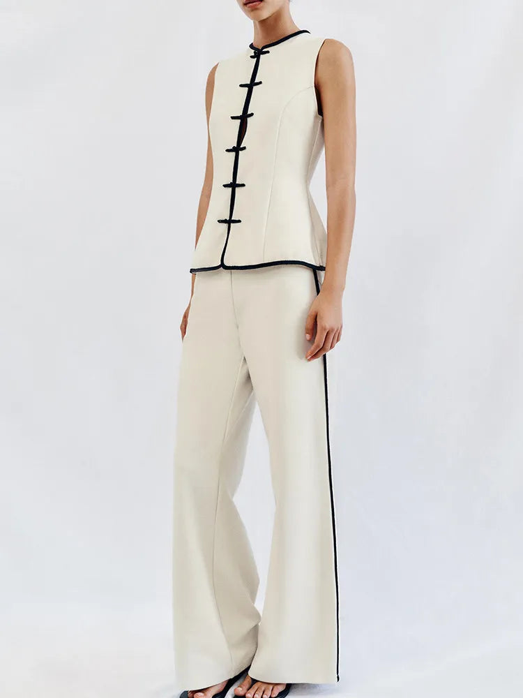 ZADATA Women's Summer Fashion Set round Neck Sleeveless Wide Leg Pants High Waist Color Block Design Top And Bottoms Ensemble