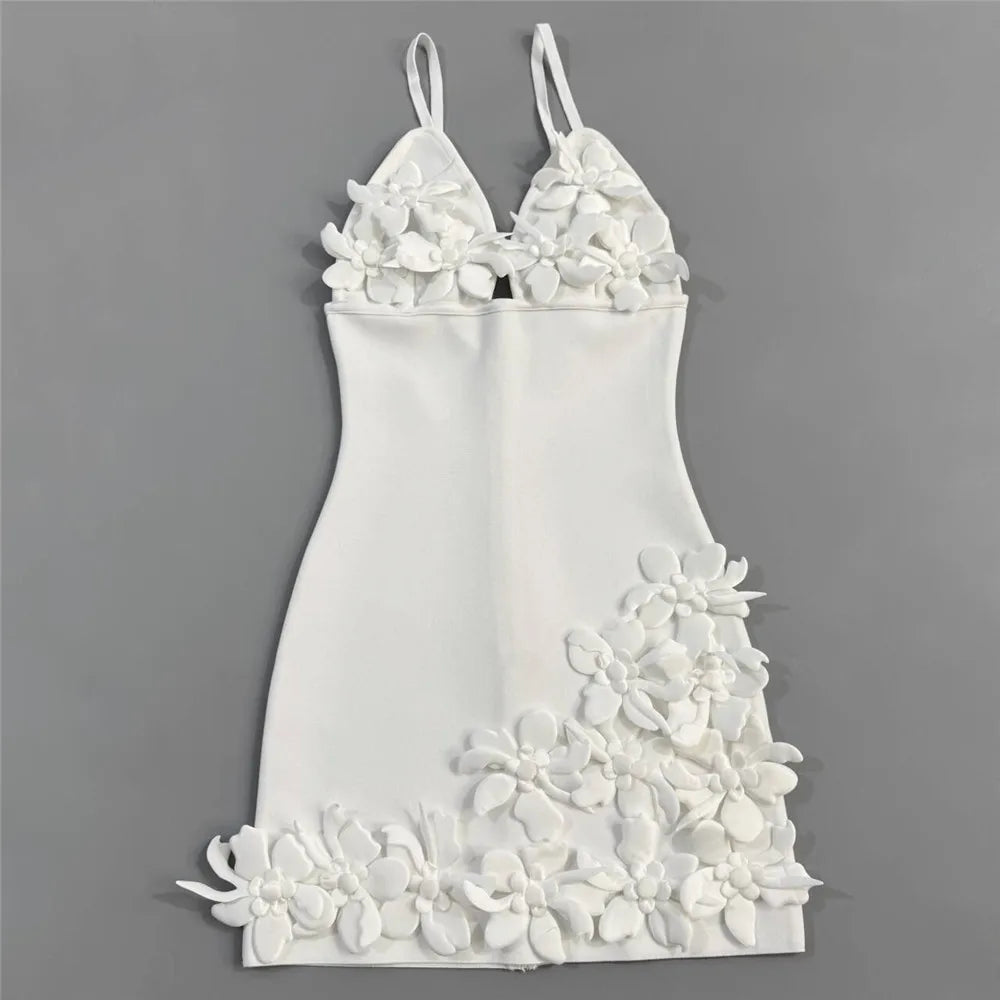Women Simple 3D Floral Appliques Spaghetti Strap Bandage Dresses Deep V-Neck Backless Club Party Mini Dress