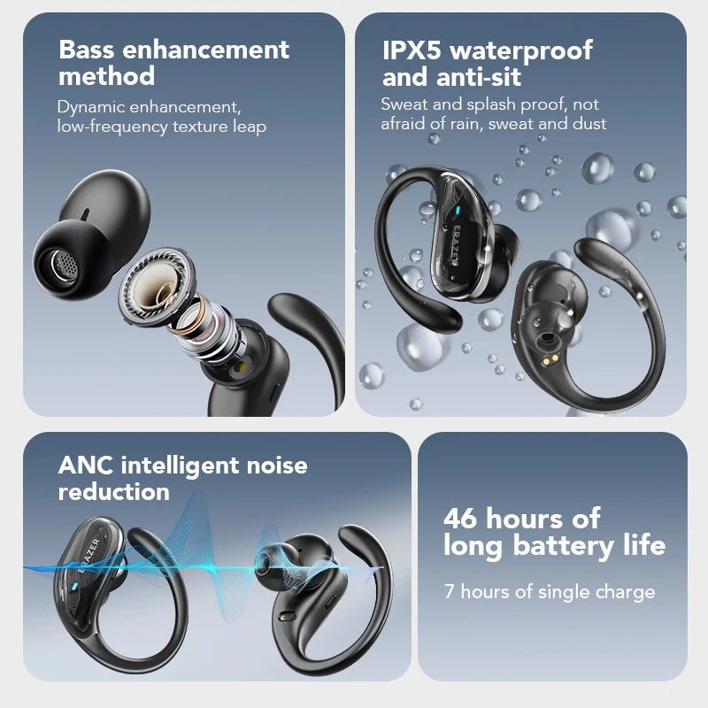 XT80 Bluetooth 5.3 Earphones True Wireless Headphones with Mic Button Control Noise Reduction Earhooks Waterproof Headset