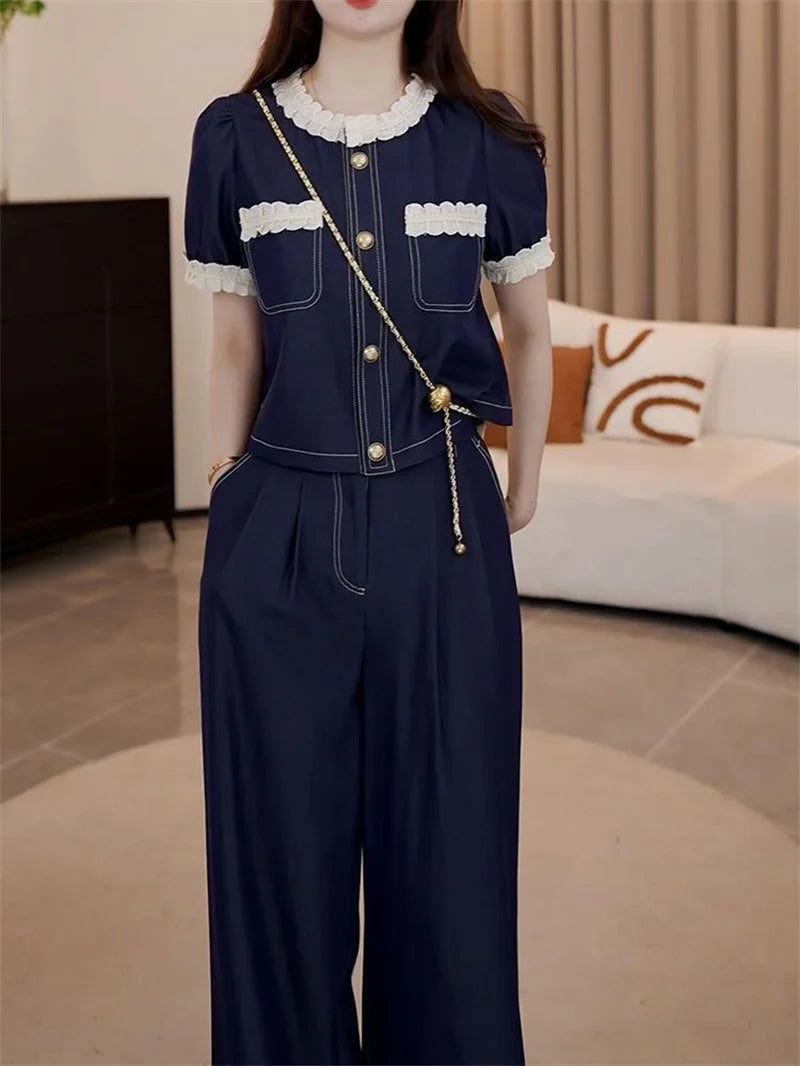 Spring Summer Ladies Short Sleeve Pants 2PCS 2026 Female Tops Pantalons Two-piece Suit Korean Women Fashion Round Neck Trousers