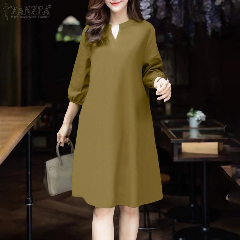 2025 ZANZEA Fashion Women V Neck 3/4 Sleeve Dress Autumn Sundress Elegant Solid OL Work Dresses Casual A Line Loose Vestido Robe
