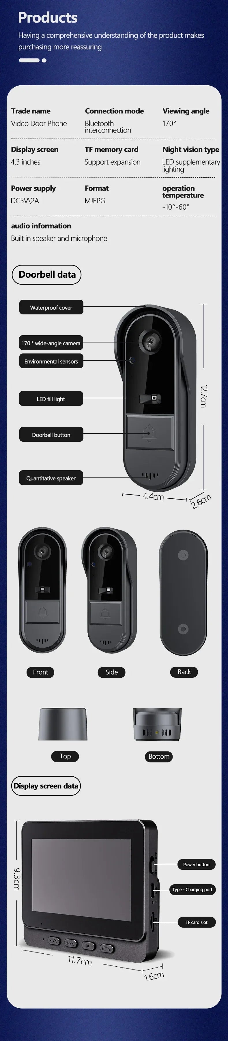 New Waterproof Doorbell Camera 4.3in IPS Screen Wireless Intercom Doorbell Night HD Vision Smart Home Security Video By Bell