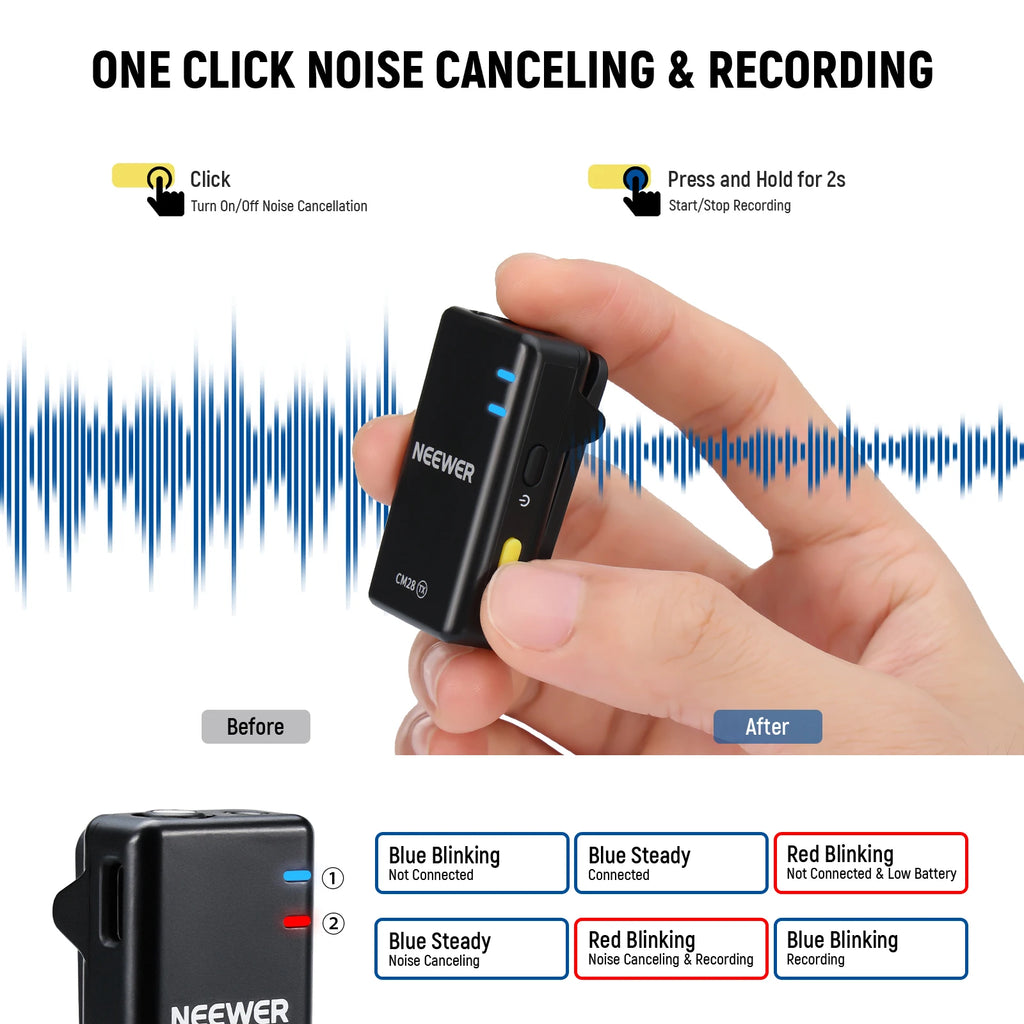 NEEWER CM28 Wireless Lavalier Microphone, 1 Click Noise Canceling, 4GB Storage, Lapel Mic For IPhone/Android/PC/Camera/iPad